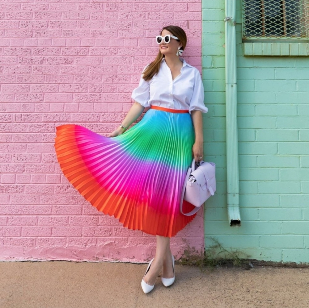 Delfi Rainbow Pleated Midi Skirt Small Retro Mod Clara Art Deco Gay Pride